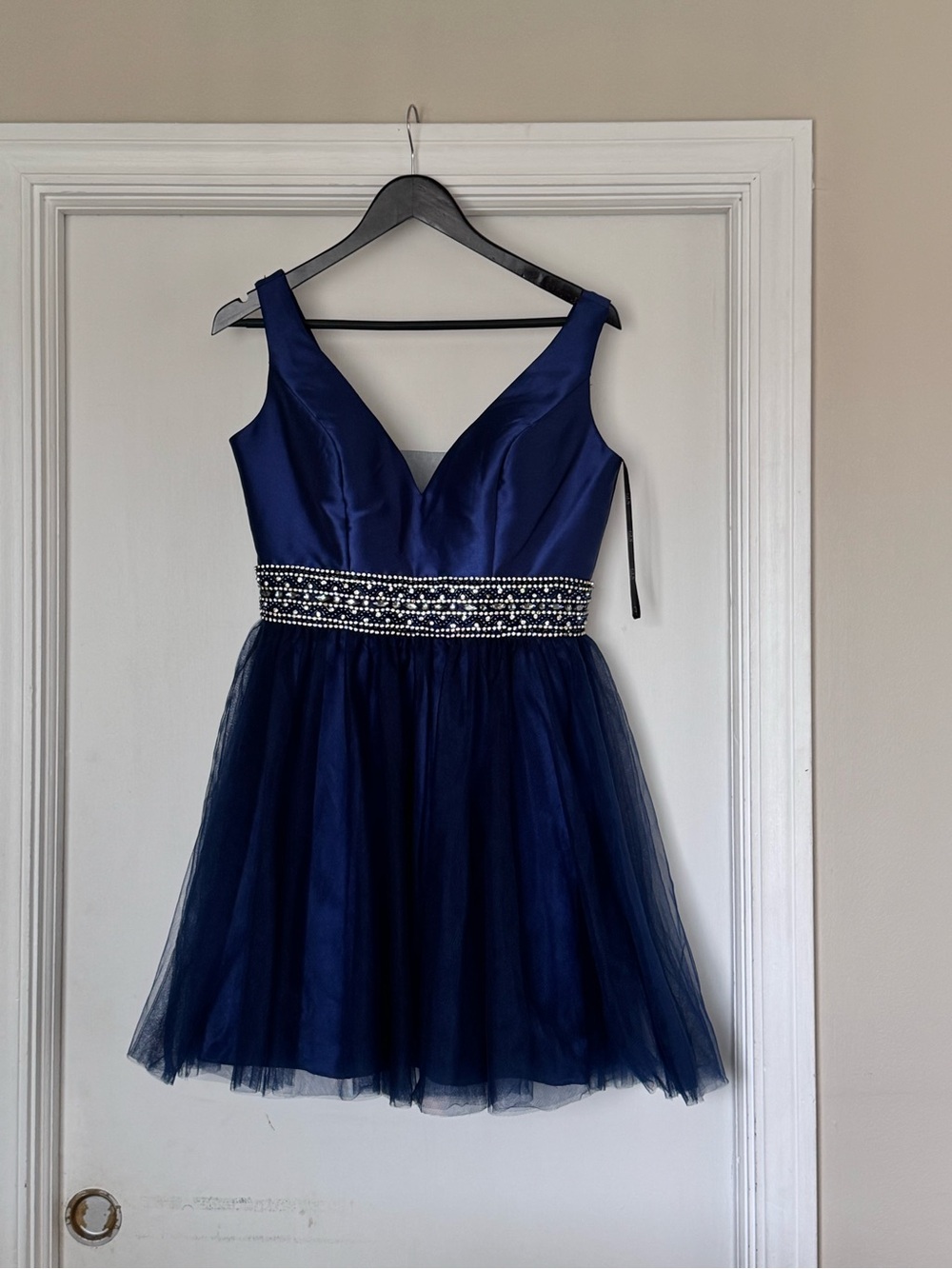 J.Elizabeth Navy V-Neck Tulle Dress with Beaded Waist